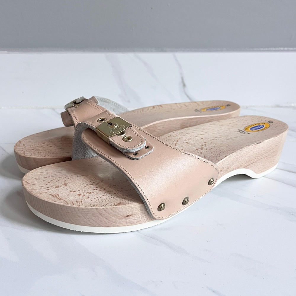 Dr. Scholls Original Pescura Slide Sandals Womens 10 Leather Wooden Italy NEW